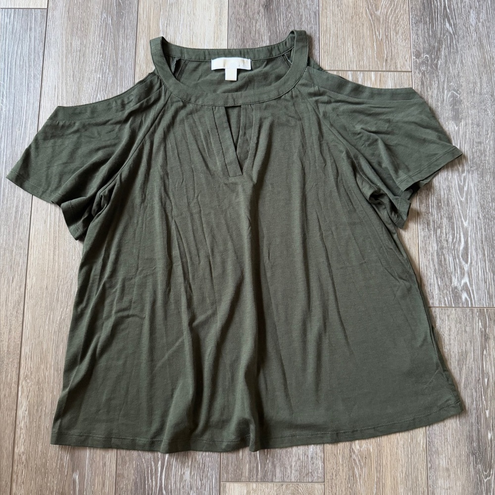 NWOT. Michael Kors  Olive green shoulder-off Top Size L